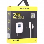 Awei Φορτιστής με 2 Θύρες USB-A και Καλώδιο micro USB Λευκός (C-900)