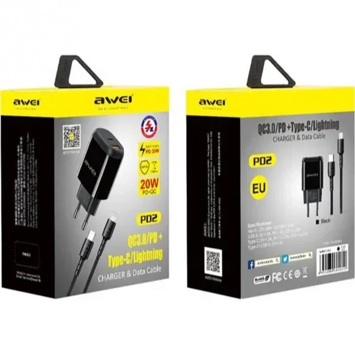 Awei Φορτιστής με Θύρα USB-A και Θύρα USB-C και Καλώδιο Lightning 20W Quick Charge 3.0 / Power Delivery Μαύρος (AW-PD2)