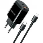 Awei Φορτιστής με Θύρα USB-A και Θύρα USB-C και Καλώδιο Lightning 20W Quick Charge 3.0 / Power Delivery Μαύρος (AW-PD2)