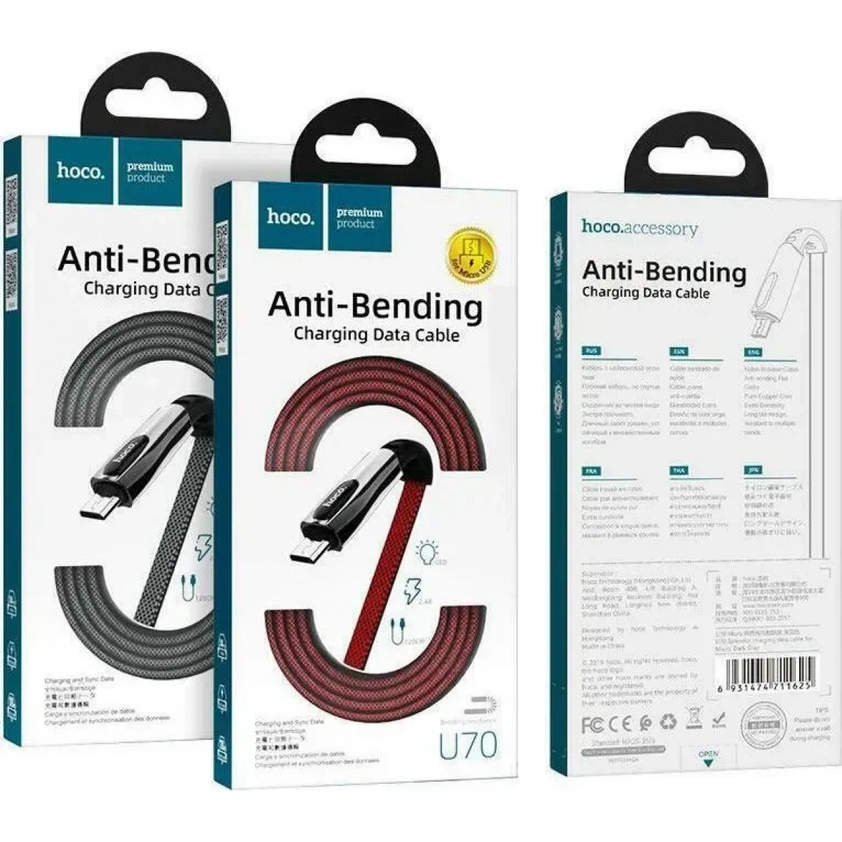 Hoco U70 Splendor Flat / LED USB 2.0 to micro USB Cable Γκρι 1.2m (711625)