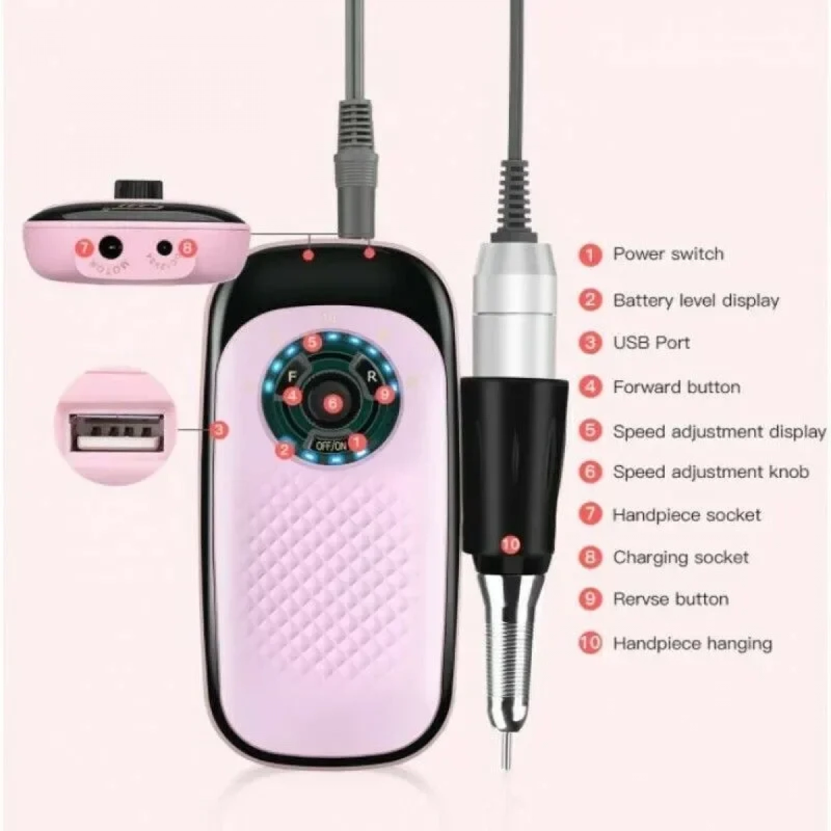 Sml M7 Τροχός Νυχιών Μπαταρίας 35000rpm σε Ροζ Χρώμα 25W