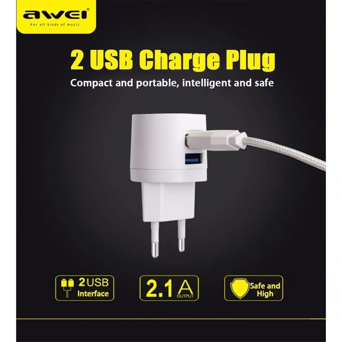Awei Φορτιστής με 2 Θύρες USB-A και Καλώδιο micro USB Λευκός (C-900)