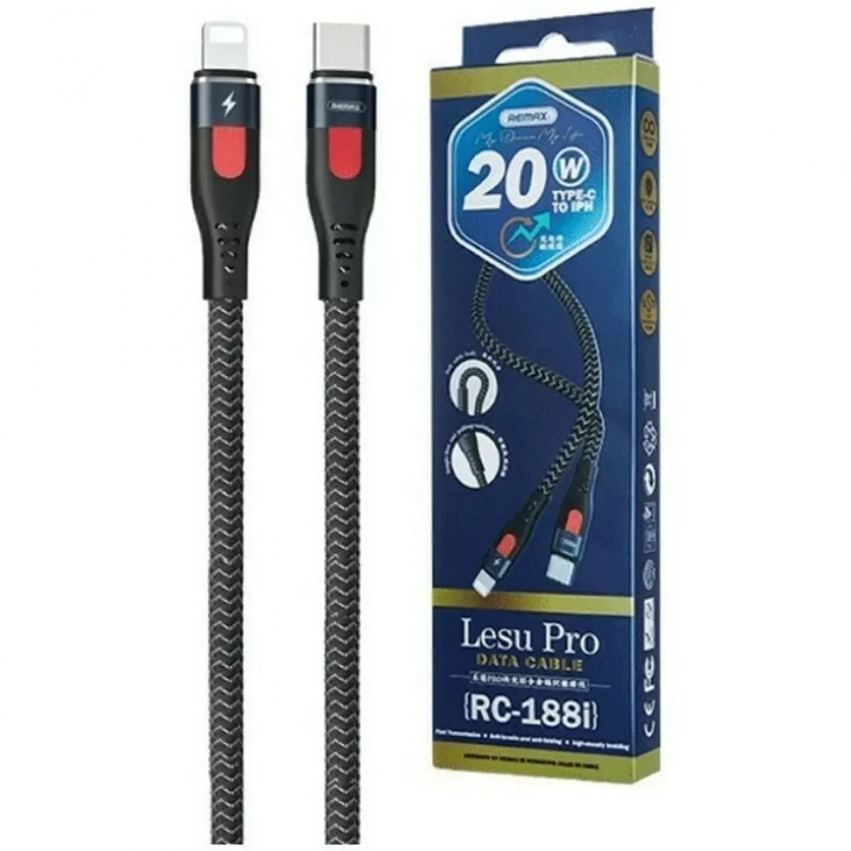 Remax RC-188I Braided USB 2.0 Cable USB-C male - Lightning Μαύρο 1m