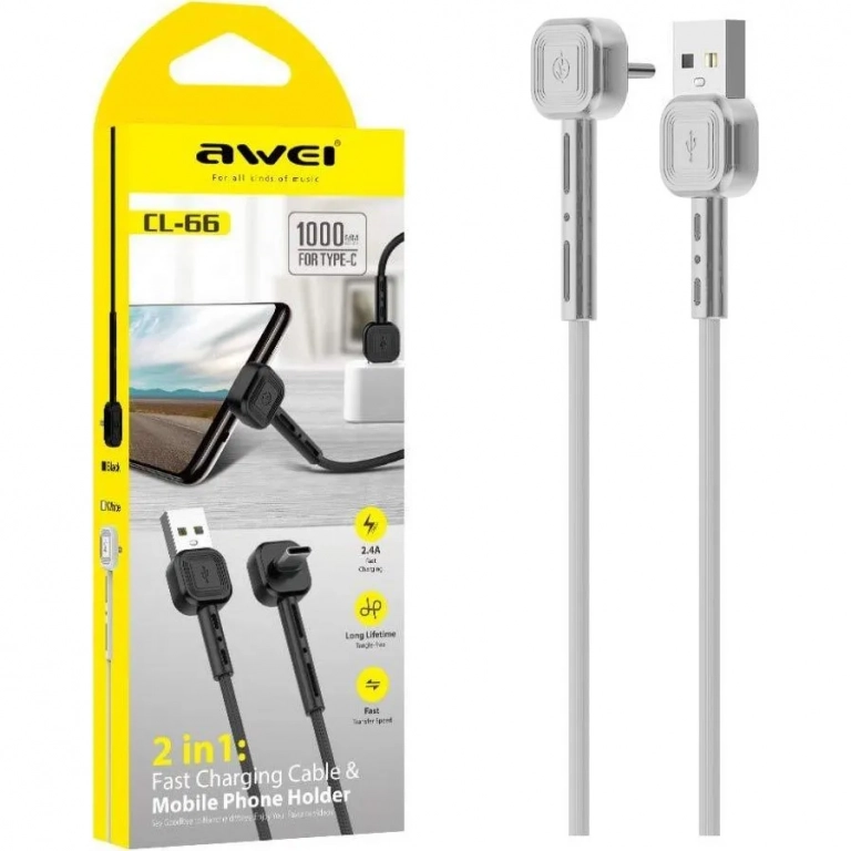 Awei Angle (90°) / Regular USB 2.0 Cable USB-C male - USB-A male Λευκό 1m (CL-66)