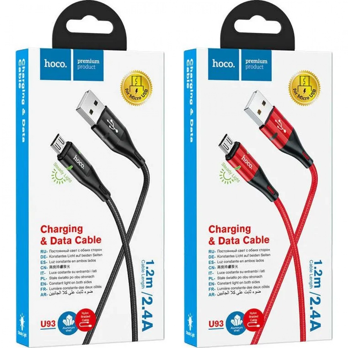 Hoco Braided / LED USB 2.0 to micro USB Cable Μαύρο 1.2m (U93 Shadow)
