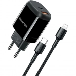 Awei Φορτιστής με Θύρα USB-A και Θύρα USB-C και Καλώδιο Lightning 20W Quick Charge 3.0 / Power Delivery Μαύρος (AW-PD2)