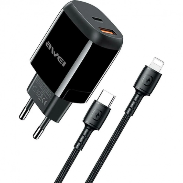 Awei Φορτιστής με Θύρα USB-A και Θύρα USB-C και Καλώδιο Lightning 20W Quick Charge 3.0 / Power Delivery Μαύρος (AW-PD2)
