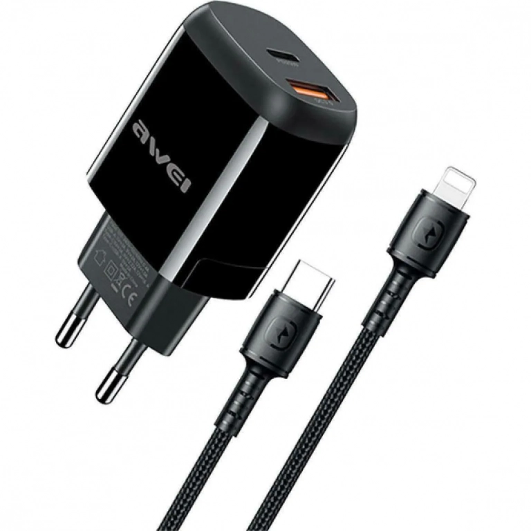 Awei Φορτιστής με Θύρα USB-A και Θύρα USB-C και Καλώδιο Lightning 20W Quick Charge 3.0 / Power Delivery Μαύρος (AW-PD2)