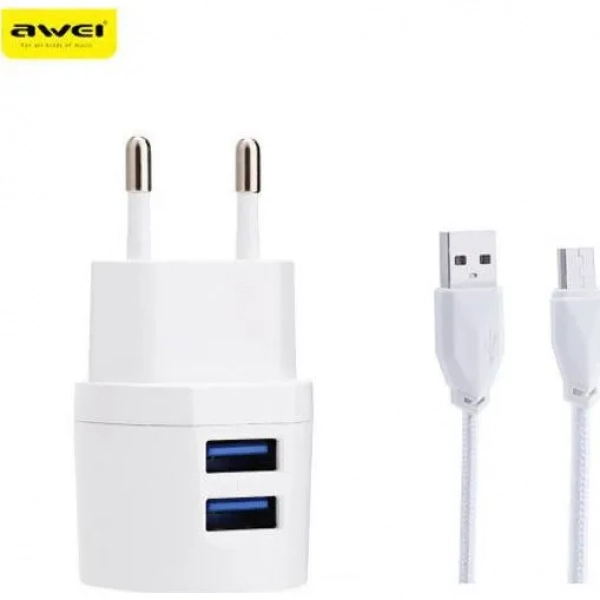 Awei Φορτιστής με 2 Θύρες USB-A και Καλώδιο micro USB Λευκός (C-900)