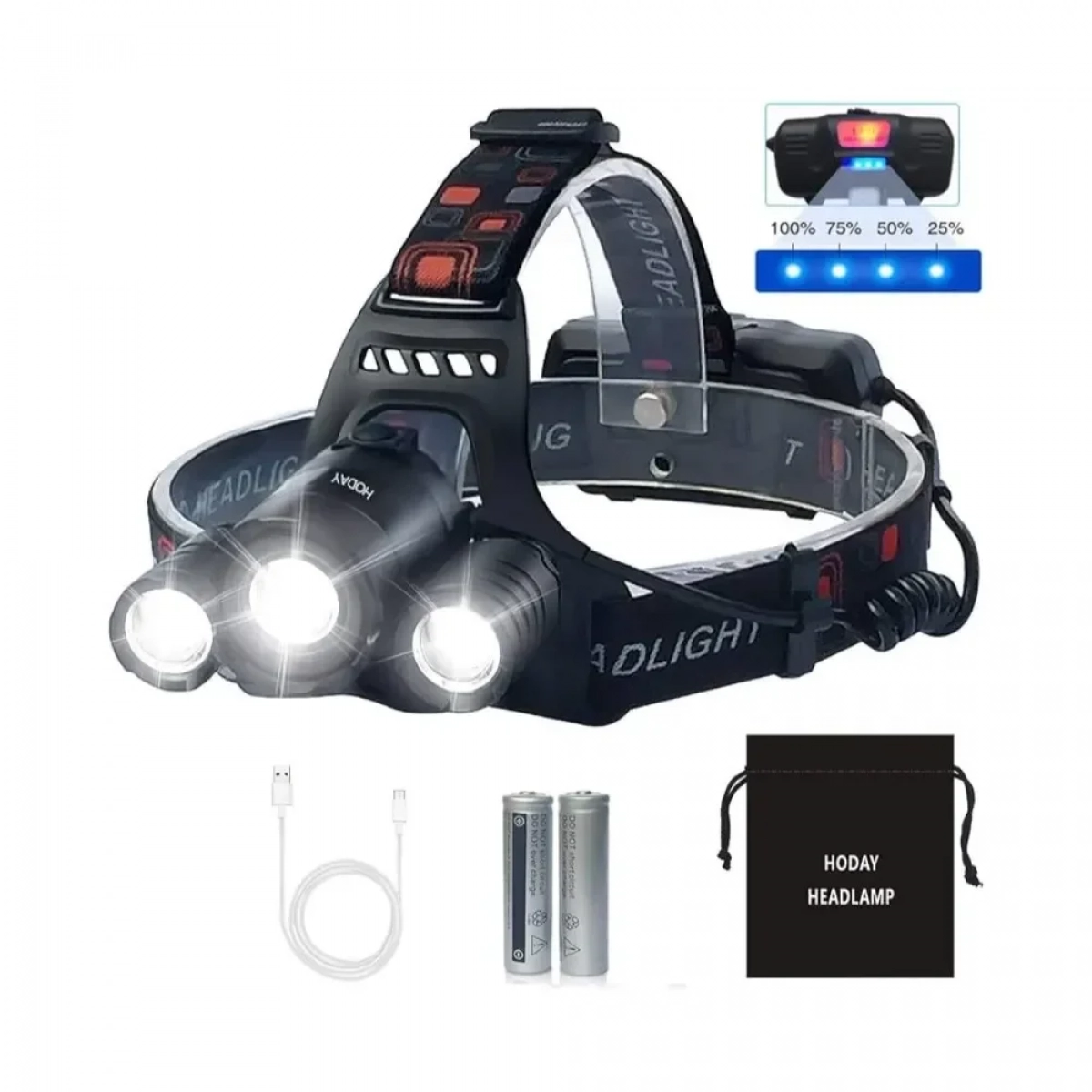 Φωτάκι Κεφαλής High Power Headlamp 3x Led Light CREE T6 1015 Μαύρο