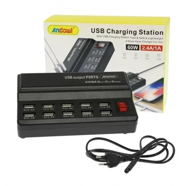 Βάση φόρτισης με 10 θύρες USB-A 60W Andowl Q-CD10P μαύρο