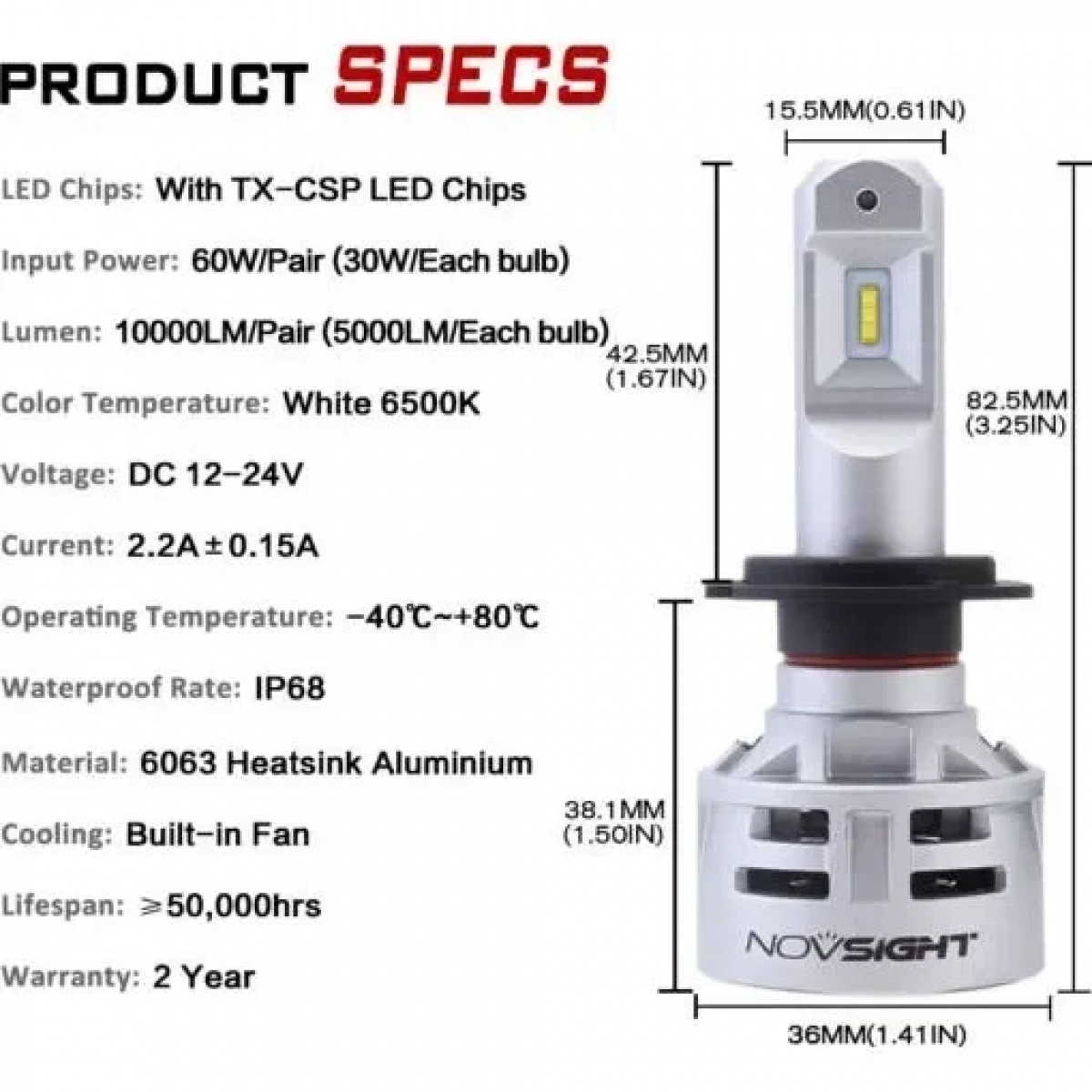 LED H7 60w NovSight 6500k N9 a386 10000 Lumens (2 τεμάχια)