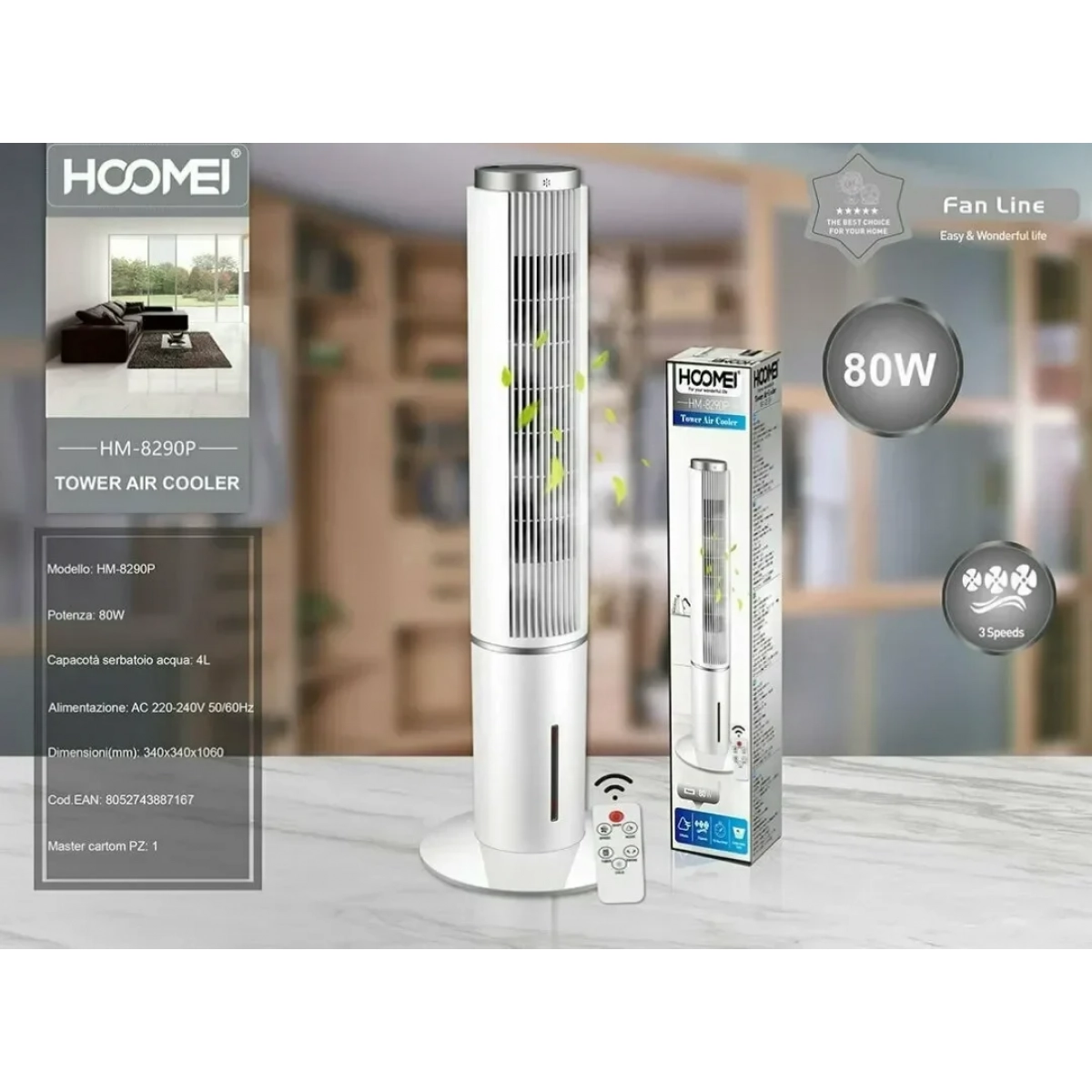 Air Cooler Δαπέδου Πύργος με Τηλεχειριστήριο 80W Hoomei HM-8290P Λευκό - Image 2