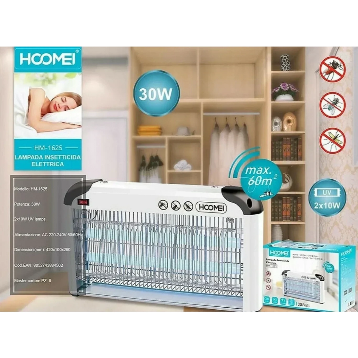 Ηλεκτρική Ππαγίδα Εντόμων 30W Hoomei HM-1625 Λευκή - Image 2