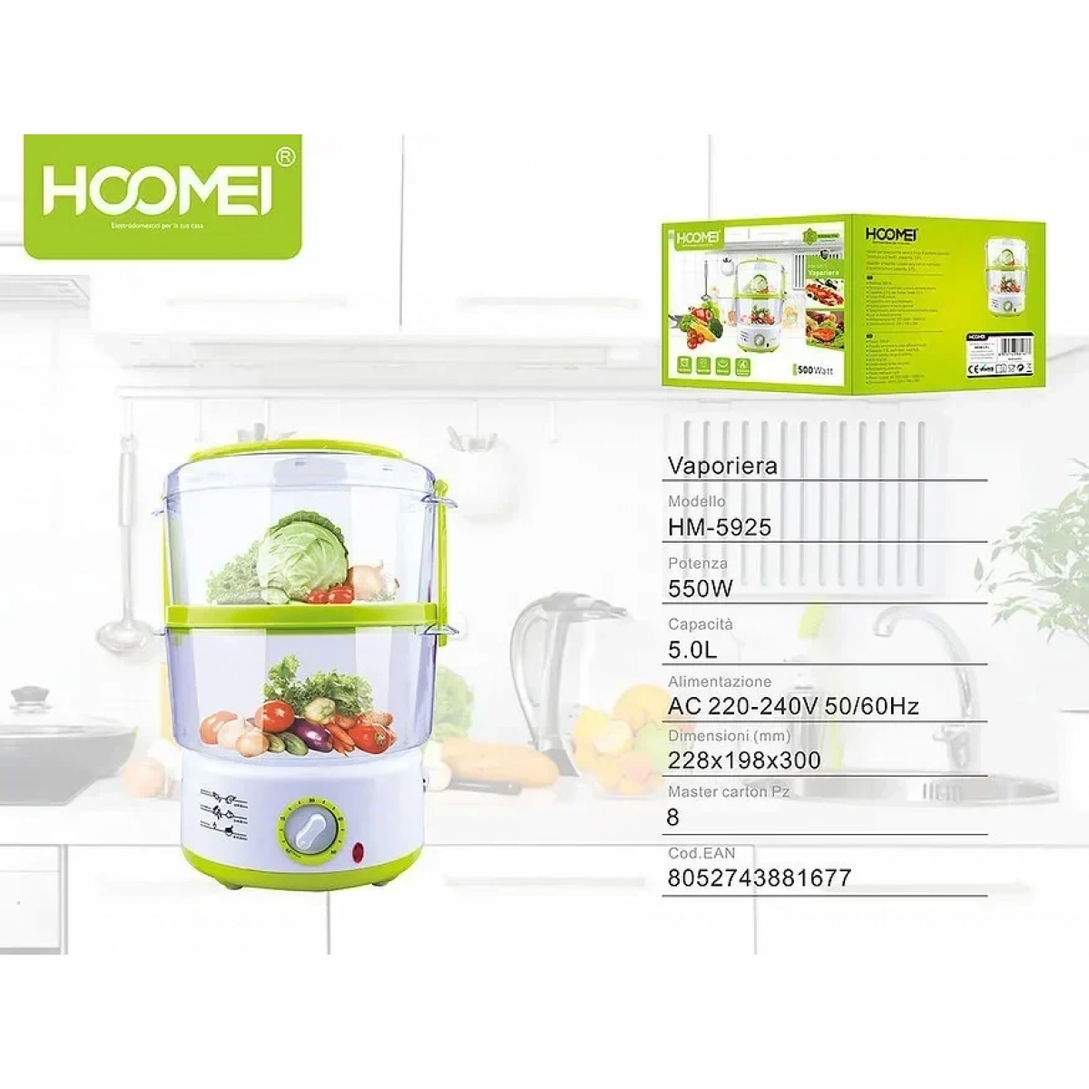 Ατμομάγειρας με 2 Επίπεδα Μαγειρέματος 5lt 550W Hoomei HM-5925 Λευκό/Πράσινο - Image 2