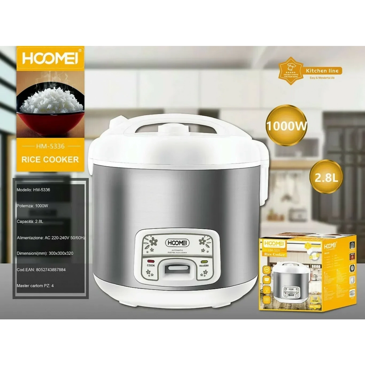 Βραστήρας Ρυζιού 1000W - Rice coocker 2.8L HOOMEI HM-5336 Λευκό/Inox - Image 2