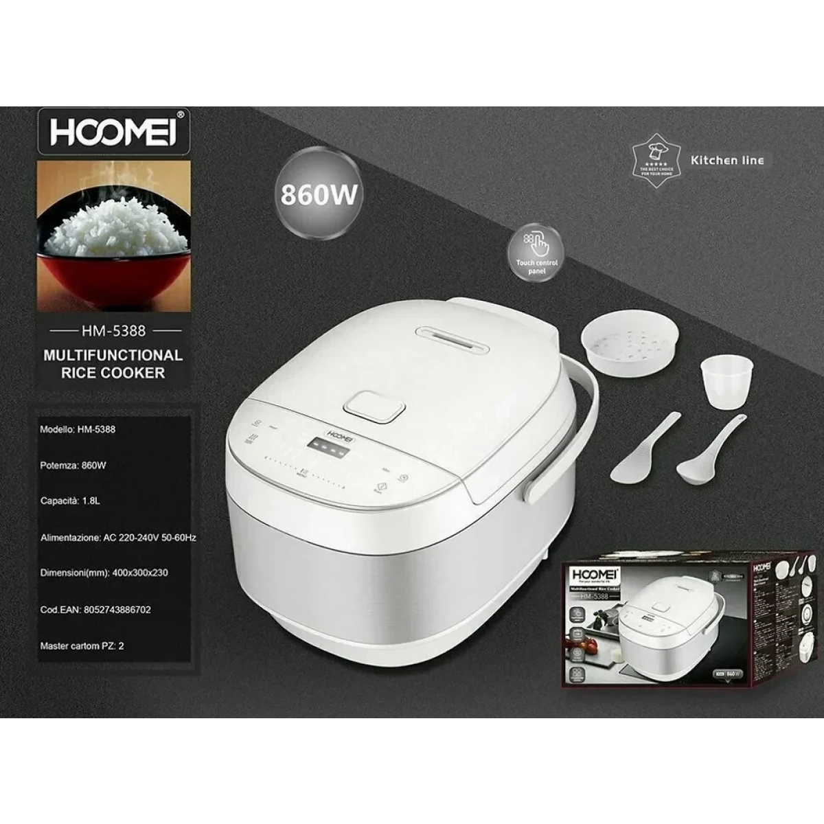 Βραστήρας Ρυζιού 860W με Χωρητικότητα 1.8lt Hoomei HM-5388 Λευκό - Image 2