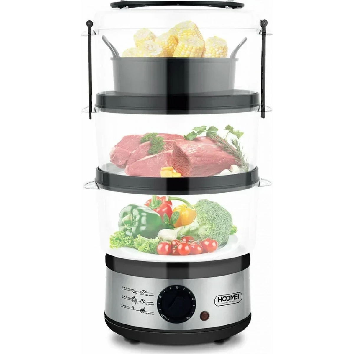 Ατμομάγειρας με 3 Επίπεδα Μαγειρέματος 7.5lt 500W Hoomei ΗΜ-5932 Inox/Μαύρο - Image 6