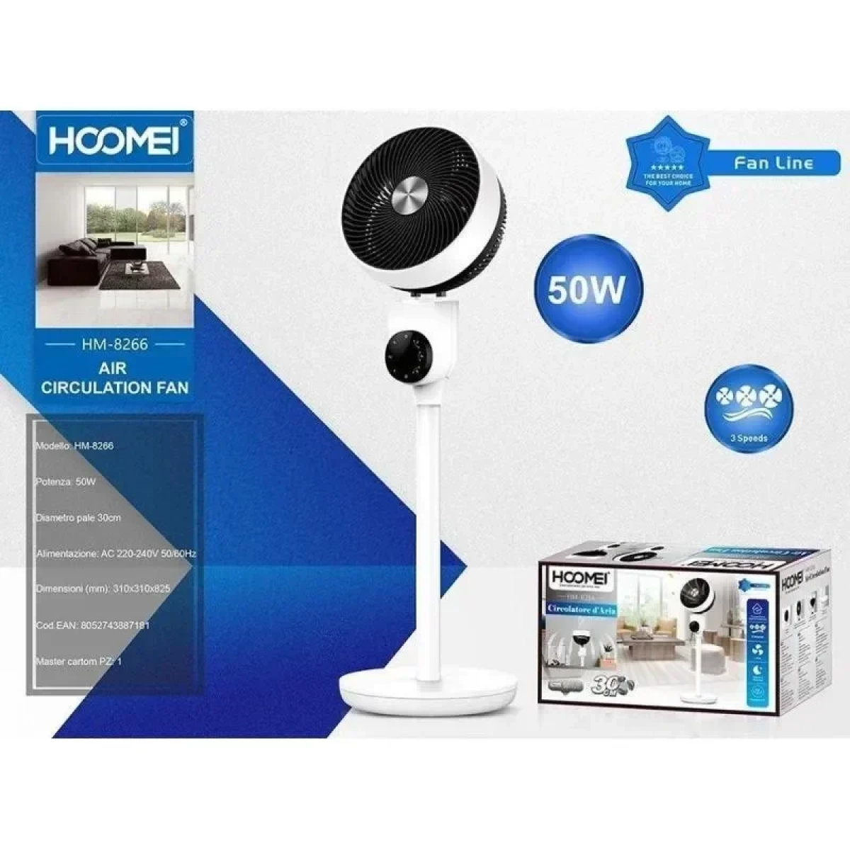 Ανεμιστήρας επιδαπέδιος 50W Διαμέτρου 30cm Hoomei HM-8266 Λευκό