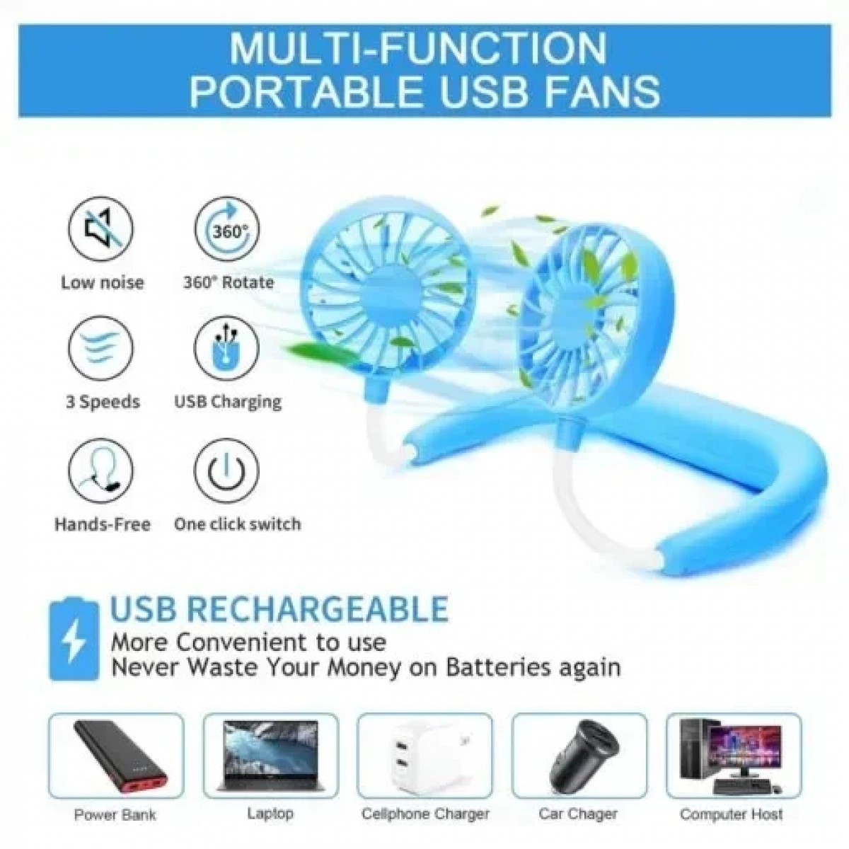 Ανεμιστήρας Λαιμού για το Πρόσωπο Wireless Rechargeable Face Fans - Γαλάζιο