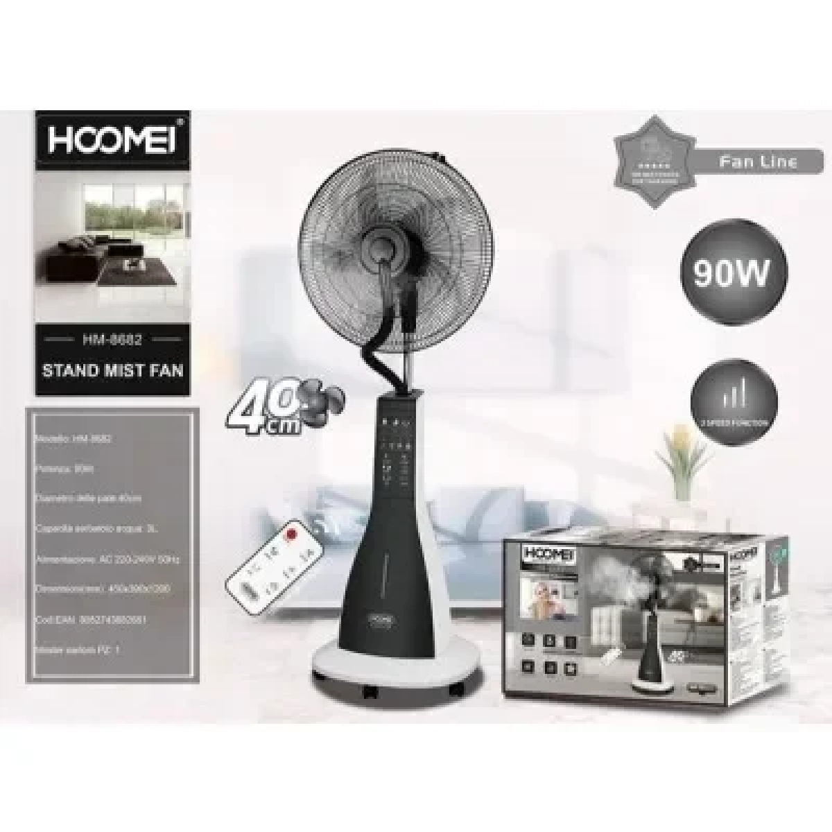 Hoomei HM-8682 Ανεμιστήρας Υδρονέφωσης 90W Διαμέτρου 40cm με Τηλεχειριστήριο