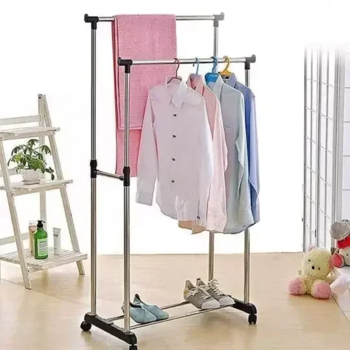 Διπλή φορητή κρεμάστρα ρούχων Double pole telescopic clotchesrack 75x40,50x152cm(6806) Inox