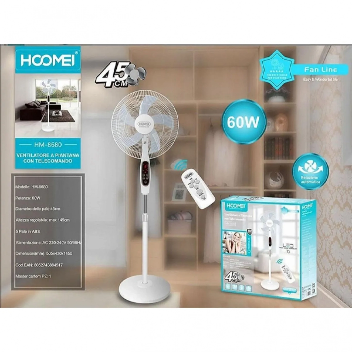 Ανεμιστήρας επιδαπέδιος 60W Διαμέτρου 45cm με Τηλεχειριστήριο Hoomei HM-8680 Λευκό