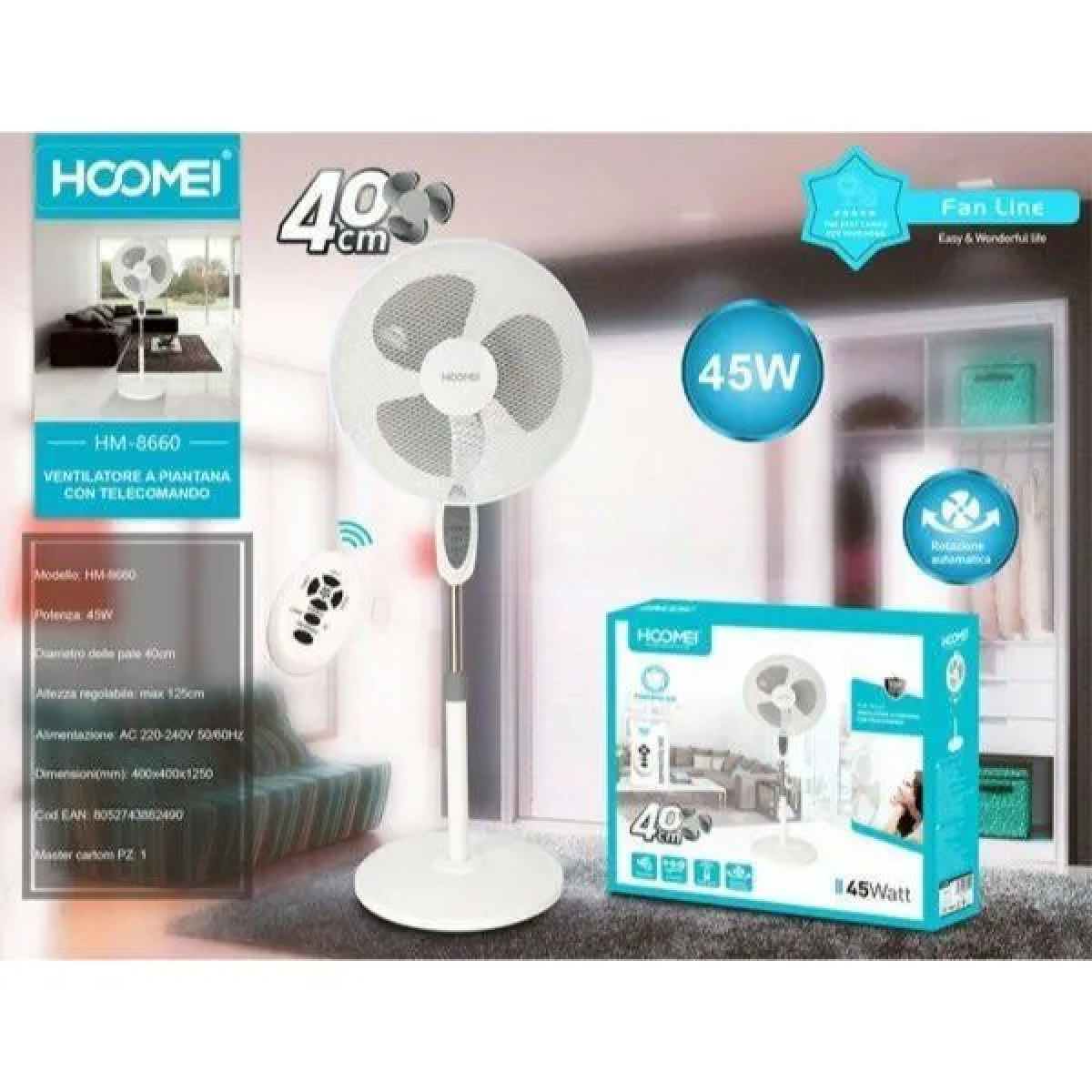 Hoomei HM-8660 Ανεμιστήρας Ορθοστάτης 45W Διαμέτρου 40cm με Τηλεχειριστήριο