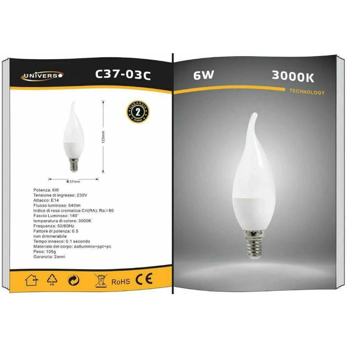 Universo Λάμπα LED για Ντουί E14 3000K Θερμό Λευκό 540lm 6W C37-03C - Image 2