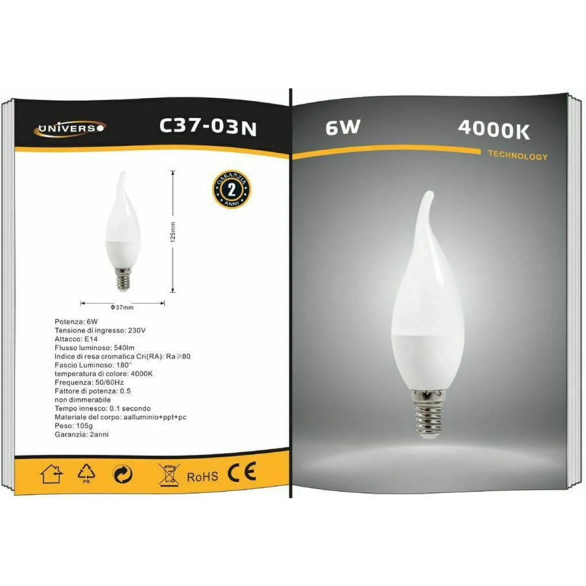 Universo Λάμπα LED για Ντουί E14 4000K Φυσικό Λευκό 540lm 6W C37-03N - Image 2