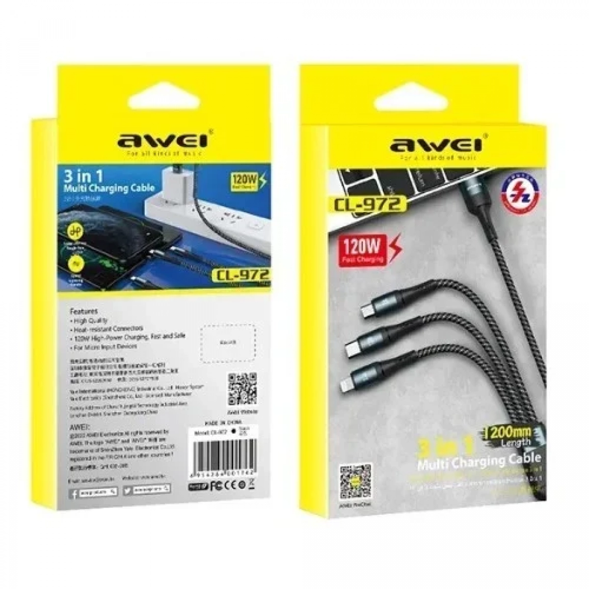Awei CL-972 120W 3 σε1 Καλώδιο γρήγορης φόρτισης 1,2 m Μπλε