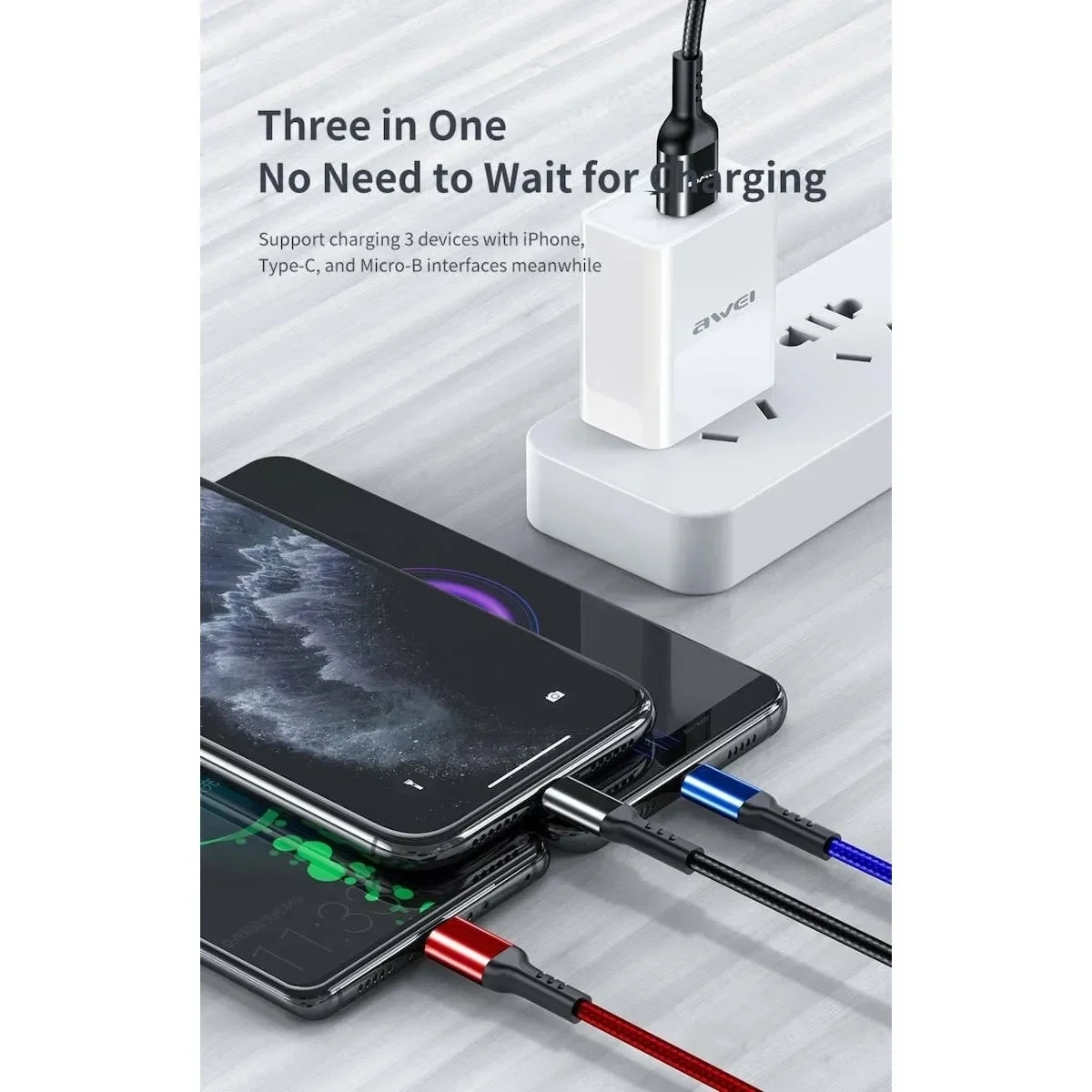 3 σε 1 Καλώδιο Δεδομένων Micro USB, Type-C, Lightning 2.4A Awei CL-971 120cm