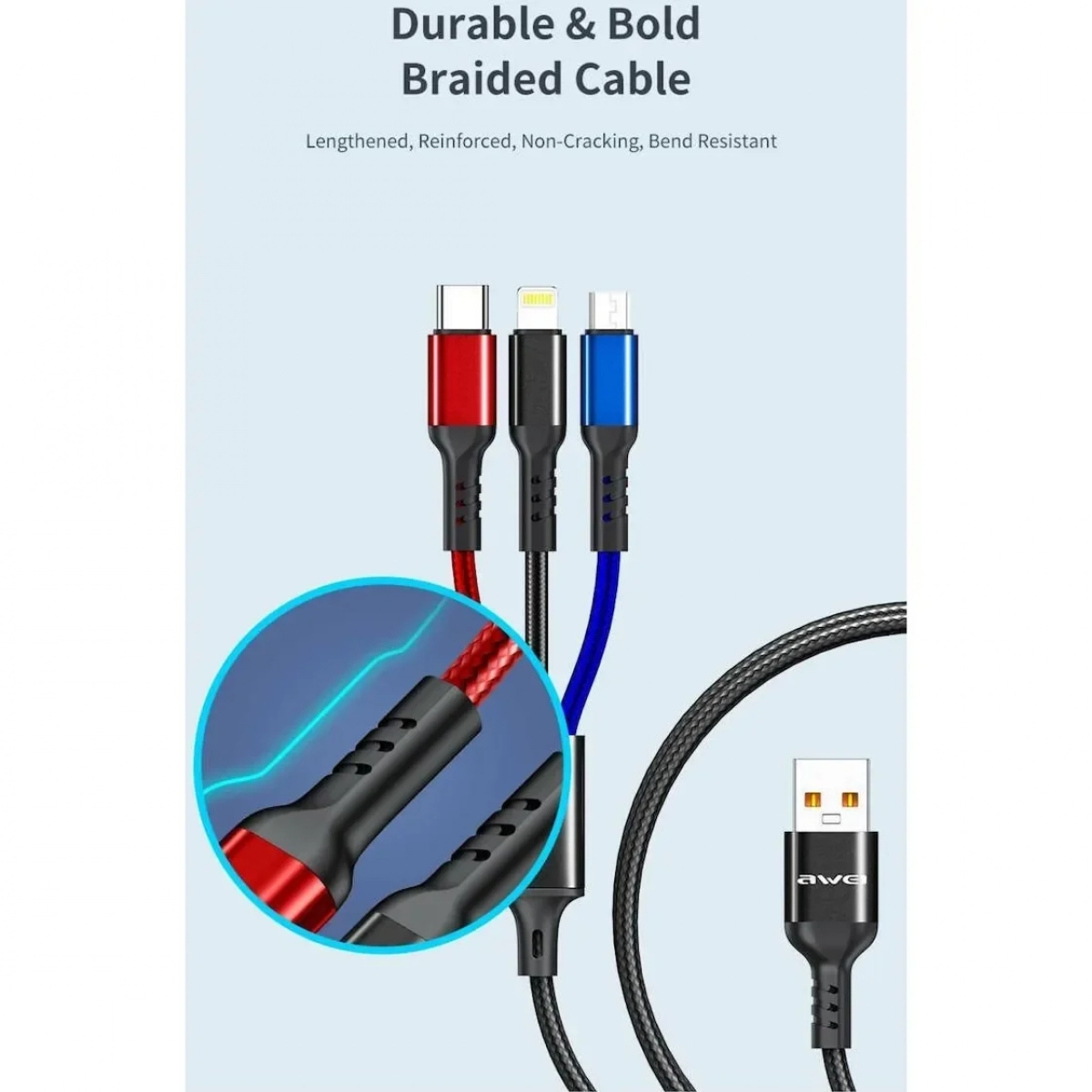 3 σε 1 Καλώδιο Δεδομένων Micro USB, Type-C, Lightning 2.4A Awei CL-971 120cm