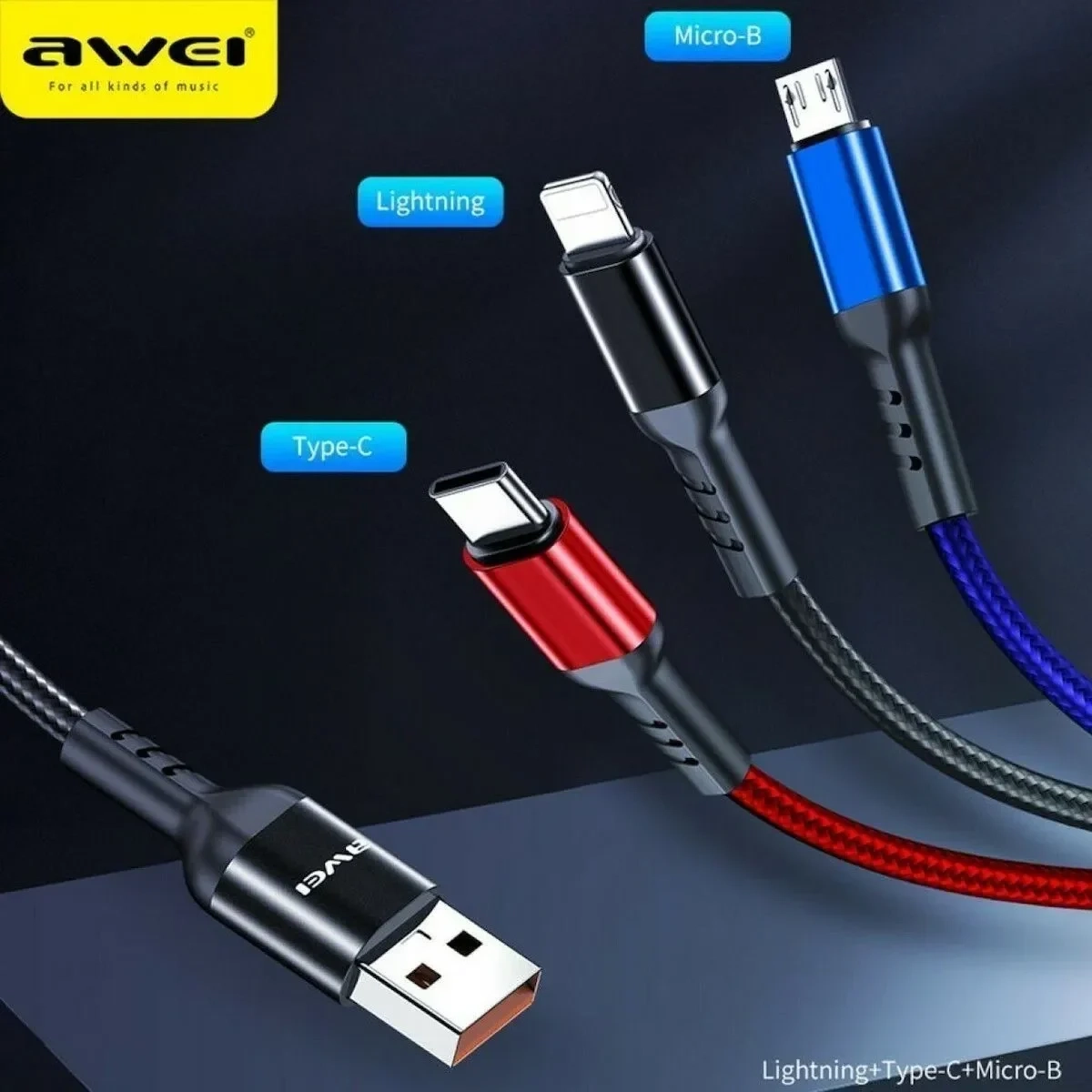 3 σε 1 Καλώδιο Δεδομένων Micro USB, Type-C, Lightning 2.4A Awei CL-971 120cm - Image 2