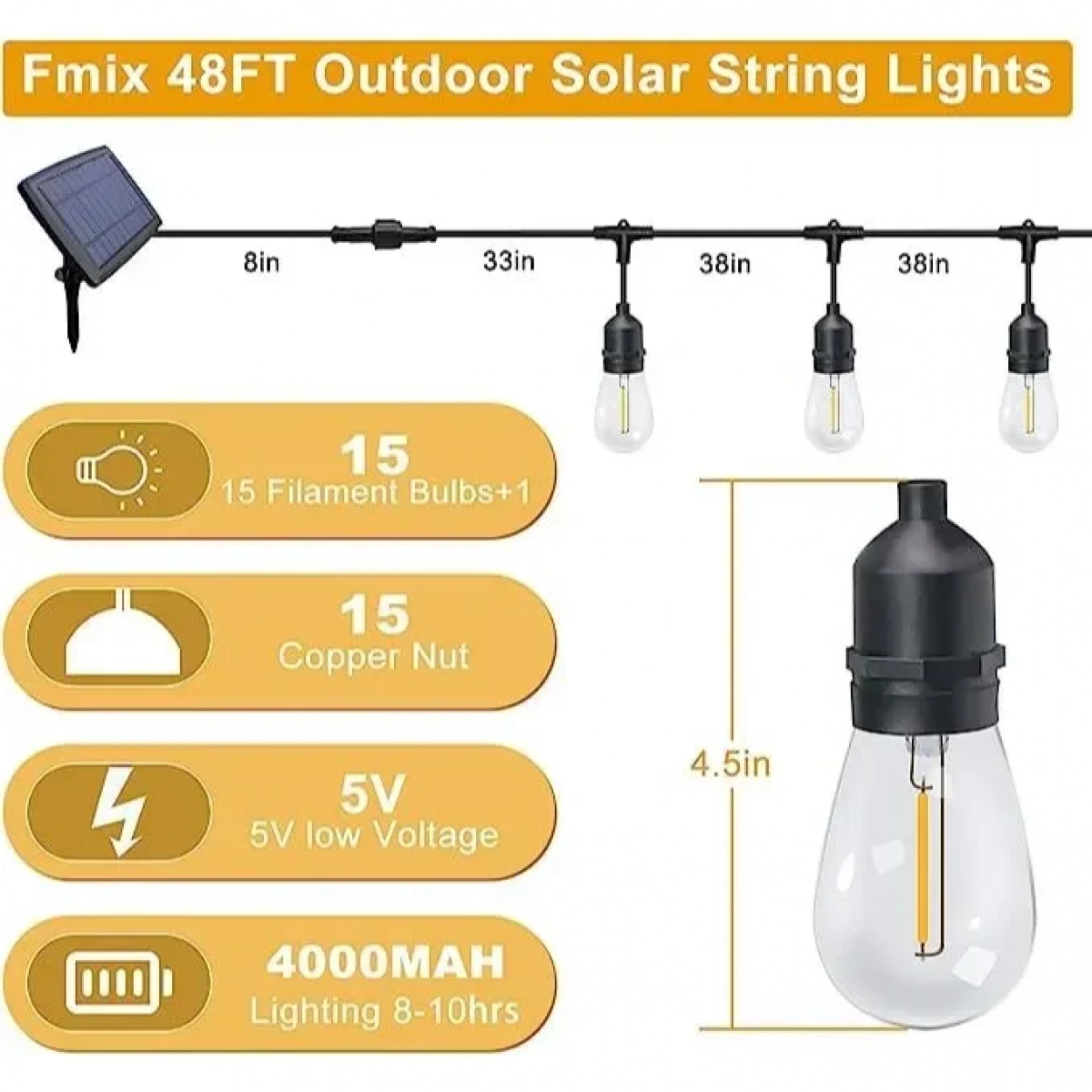 48FT/15LED Solar String Lights Outdoor