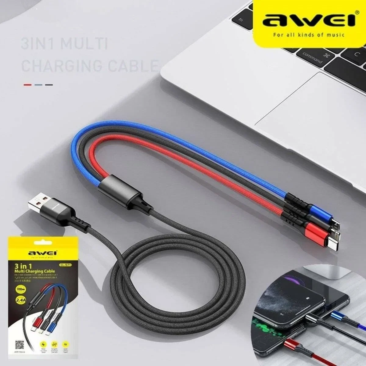 3 σε 1 Καλώδιο Δεδομένων Micro USB, Type-C, Lightning 2.4A Awei CL-971 120cm