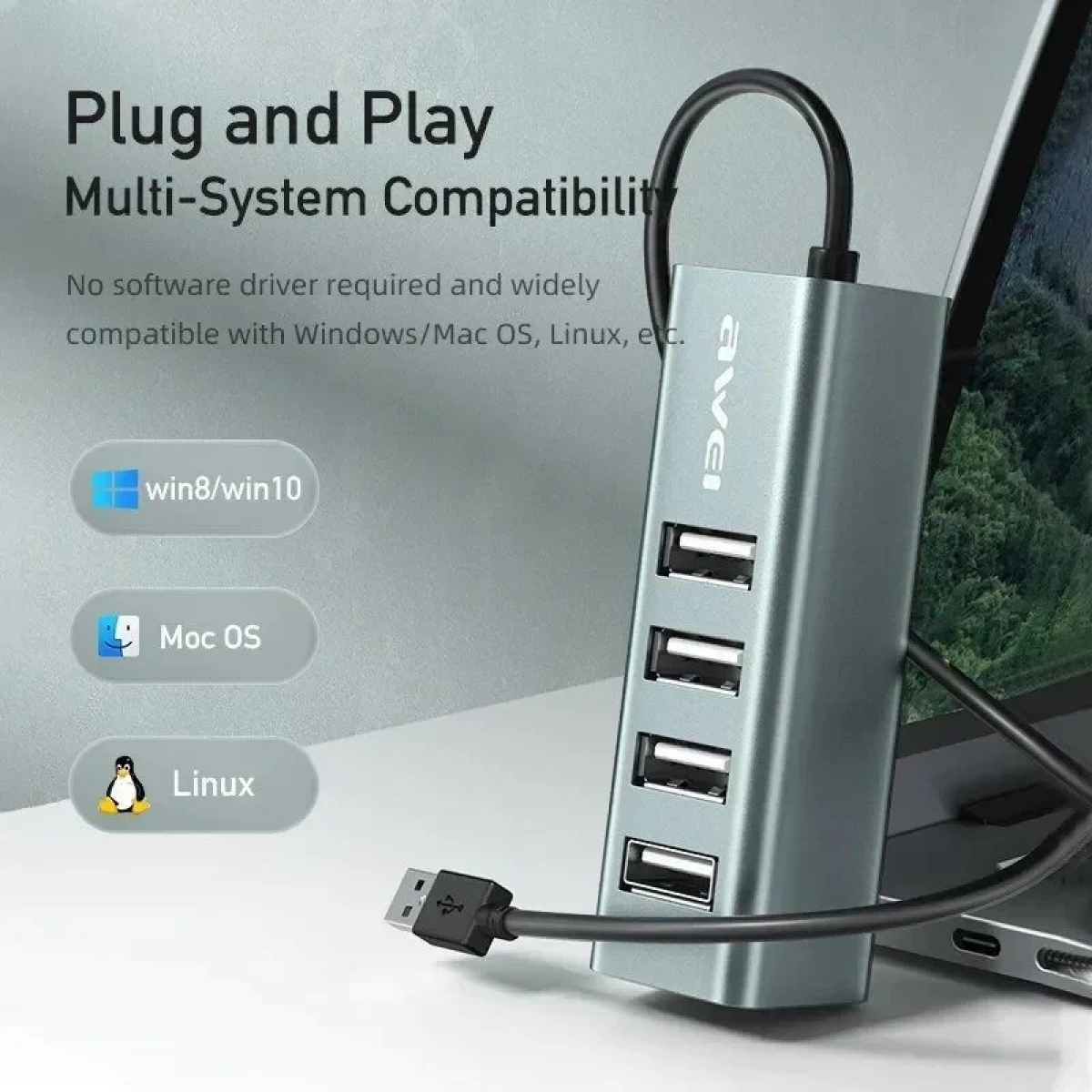 Mini USB UB 2.0 με 4 Θύρες για Υπολογιστές + Φόρτιση Συσκευών Awei CL-122 - Συμβατό με Macbook - Docking Station