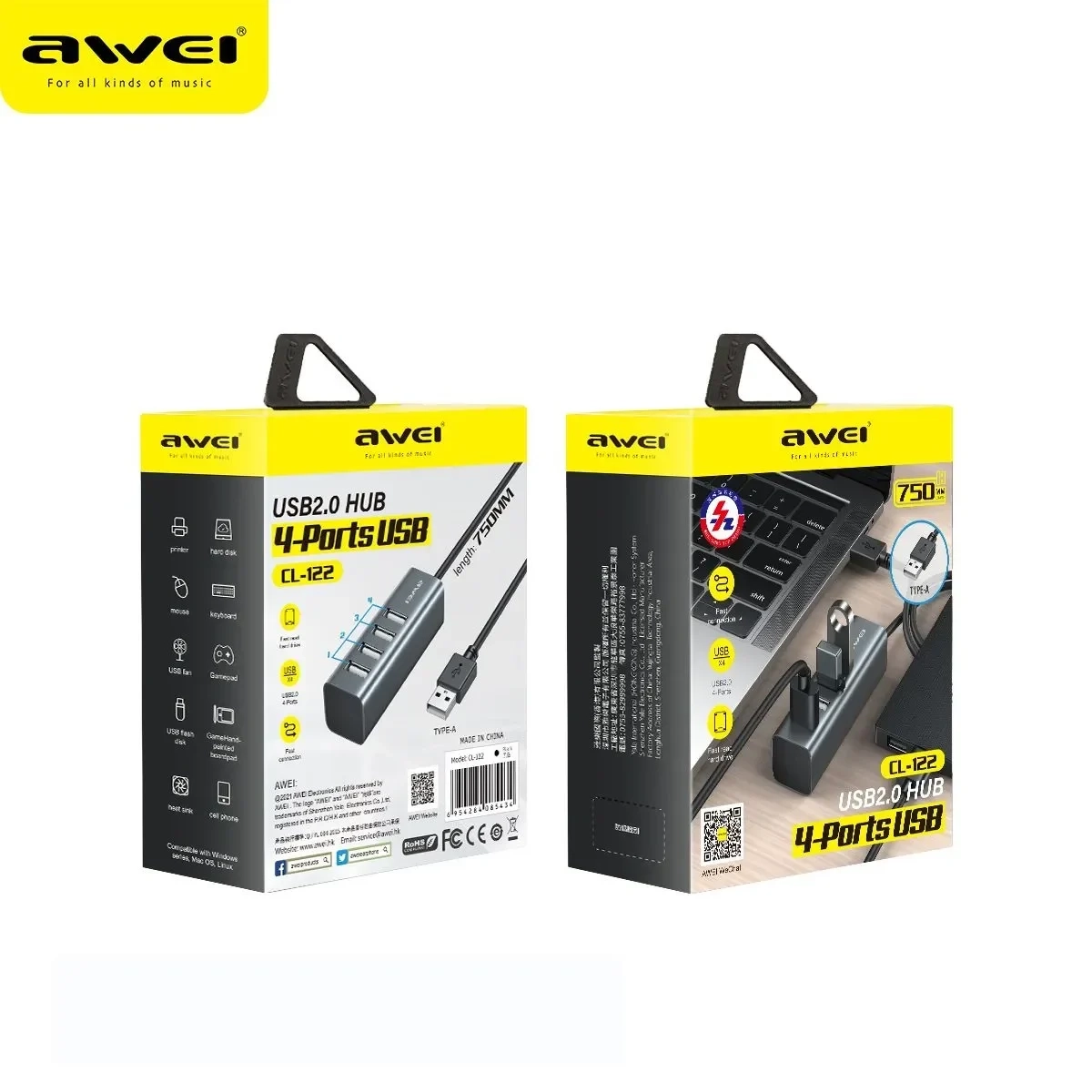 Mini USB UB 2.0 με 4 Θύρες για Υπολογιστές + Φόρτιση Συσκευών Awei CL-122 - Συμβατό με Macbook - Docking Station