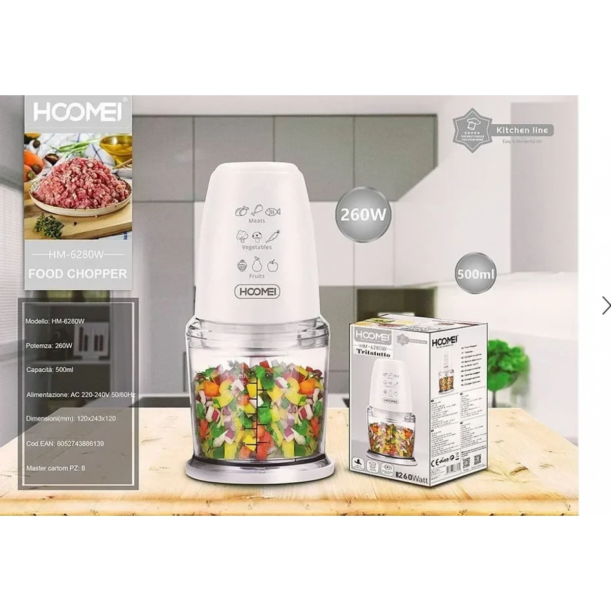 Πολυκόπτης Multi 260W με Δοχείο 500ml Hoomei HM-6280W Λευκό - Image 2