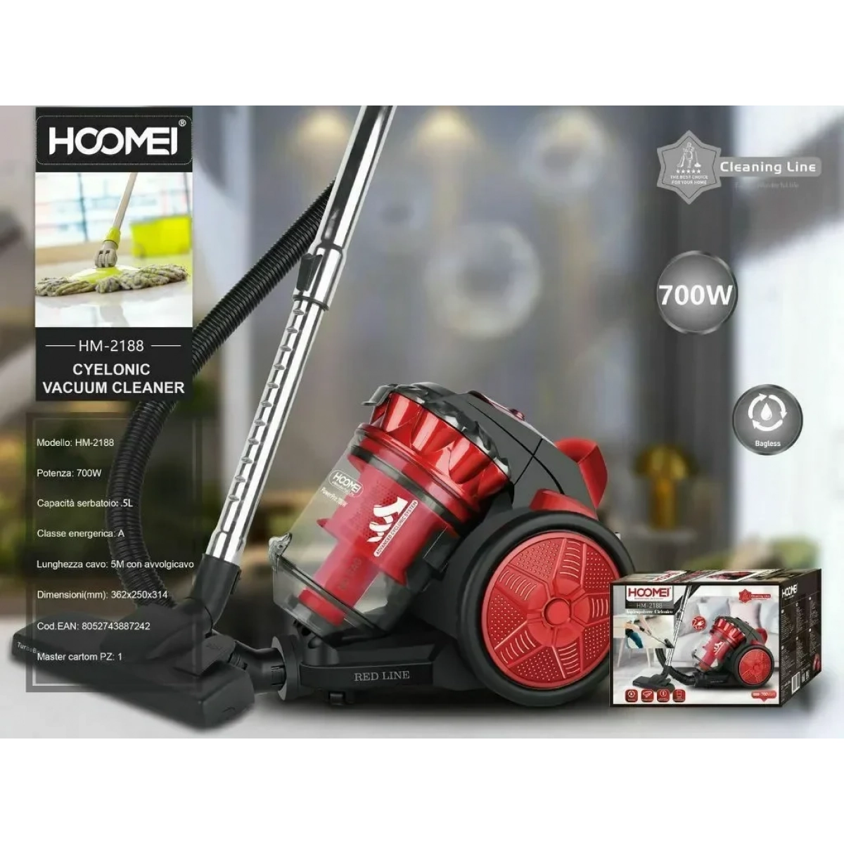 Ηλεκτρική Σκούπα 700W με Κάδο 2.5lt Hoomei HM-2188 Κόκκινο - Image 2