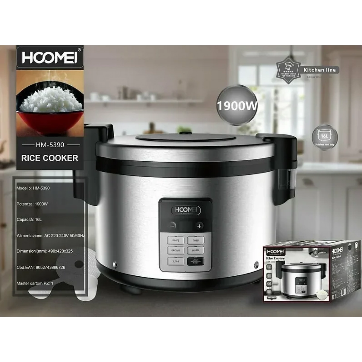 Βραστήρας Ρυζιού 1900W - Rice coocker 16L HOOMEI HM-5390 Ασημί - Image 3