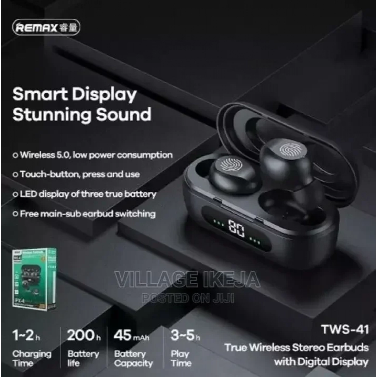 Remax TWS-41 In-ear Bluetooth Handsfree Ακουστικά με Θήκη Φόρτισης Μαύρα