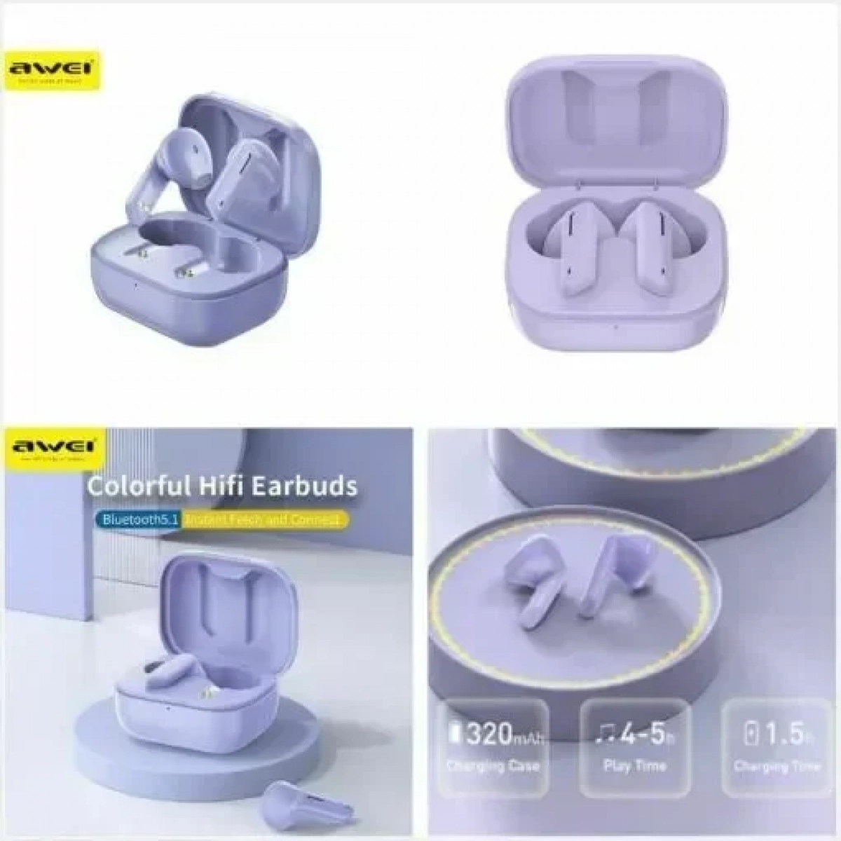 Awei T36 Earbud Bluetooth Handsfree Ακουστικά με Αντοχή στον Ιδρώτα και Θήκη Φόρτισης Purple