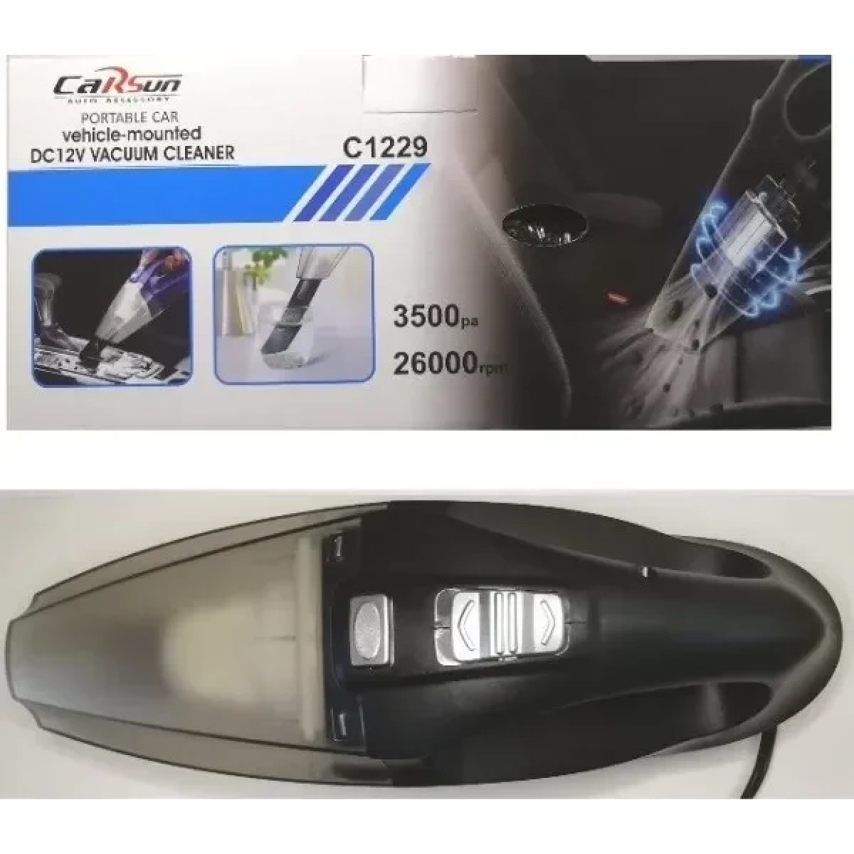 Carsun Σκουπάκι Αυτοκινήτου Στερεών / Υγρών C1229 με Καλώδιο Αναπτήρα 12V Μαύρο 81006CRS80DF - Image 2