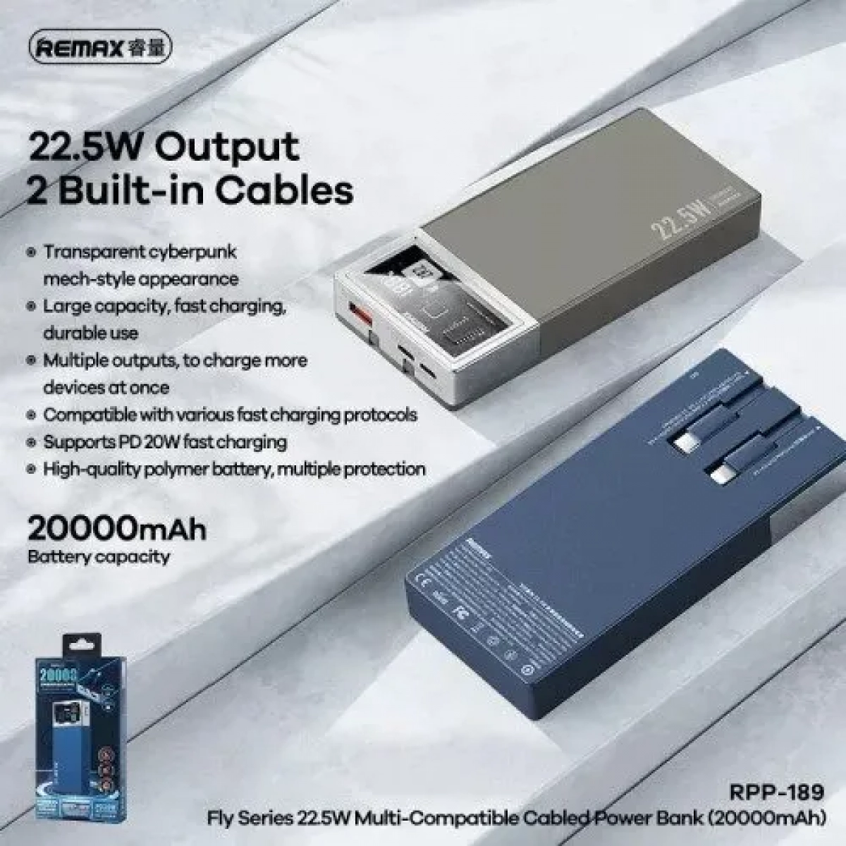 Remax RPP-189 Fly Series Power Bank 20000mAh 22.5W με Θύρα USB-A και Θύρα USB-C Μπλε a