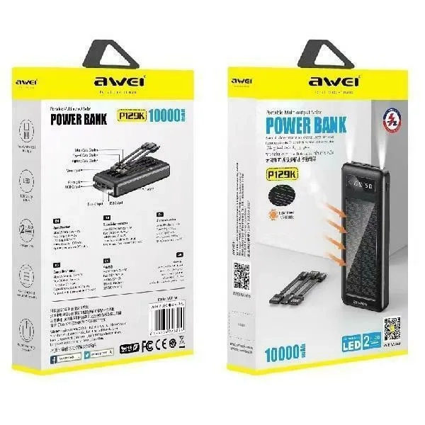 Ηλιακό Power bank με 2 φακούς και 2 θήρες USB 10 000mAh Awei P129K Μαύρο