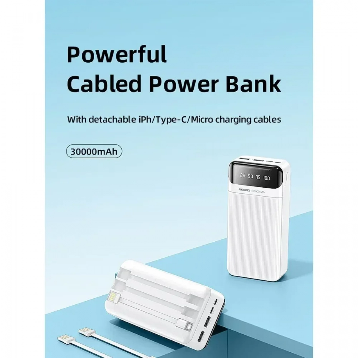 Remax RPP-103 Power Bank 30000mAh με 2 Θύρες USB-A και Θύρα USB-C Λευκό