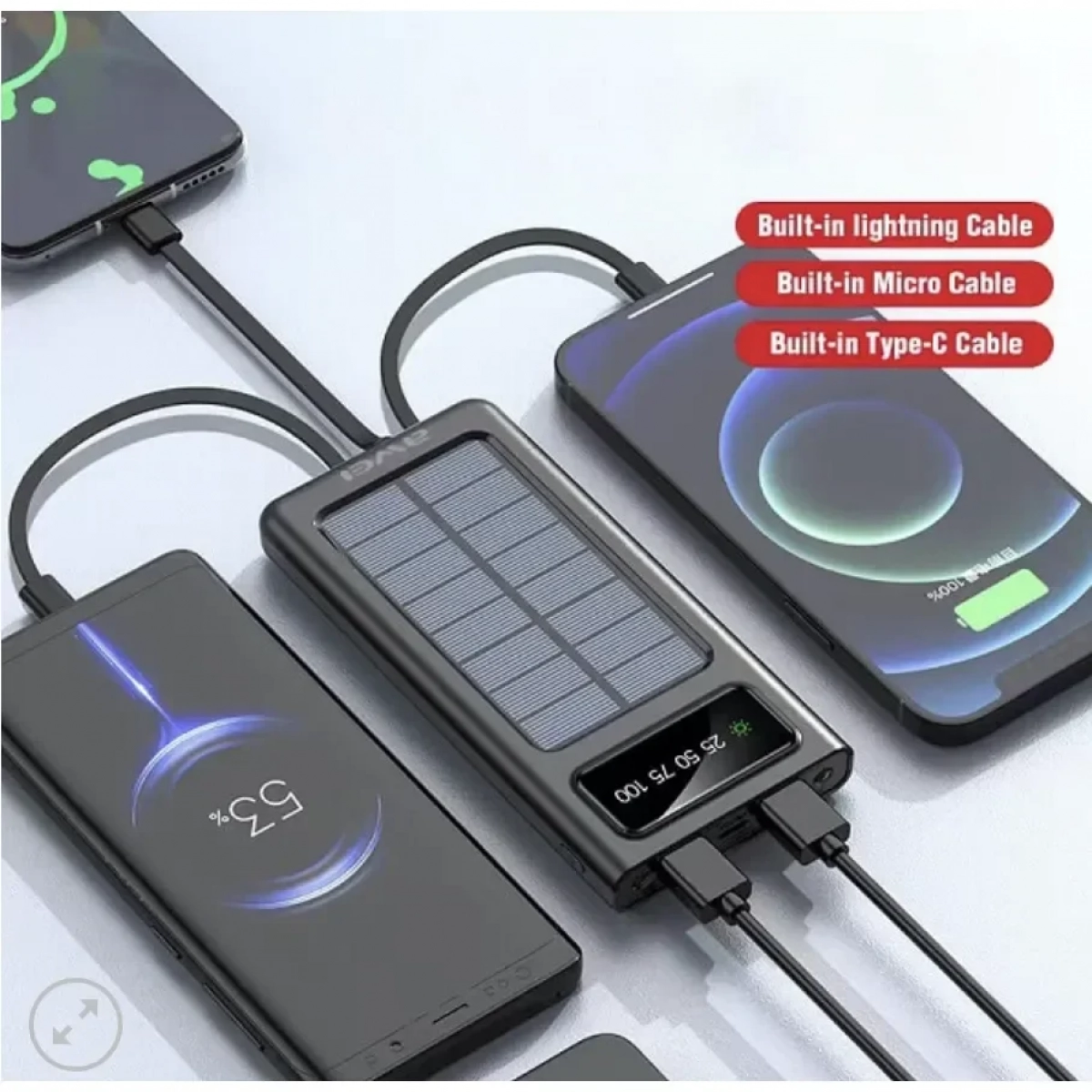 Power Bank Awei P130K Ηλιακό 10000mAh με 2 Θύρες USB-A & Θύρα USB-C Quick Charge 3.0 Μαύρο