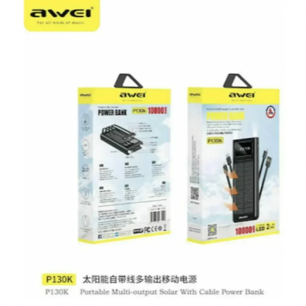 Power Bank Awei P130K Ηλιακό 10000mAh με 2 Θύρες USB-A & Θύρα USB-C Quick Charge 3.0 Μαύρο