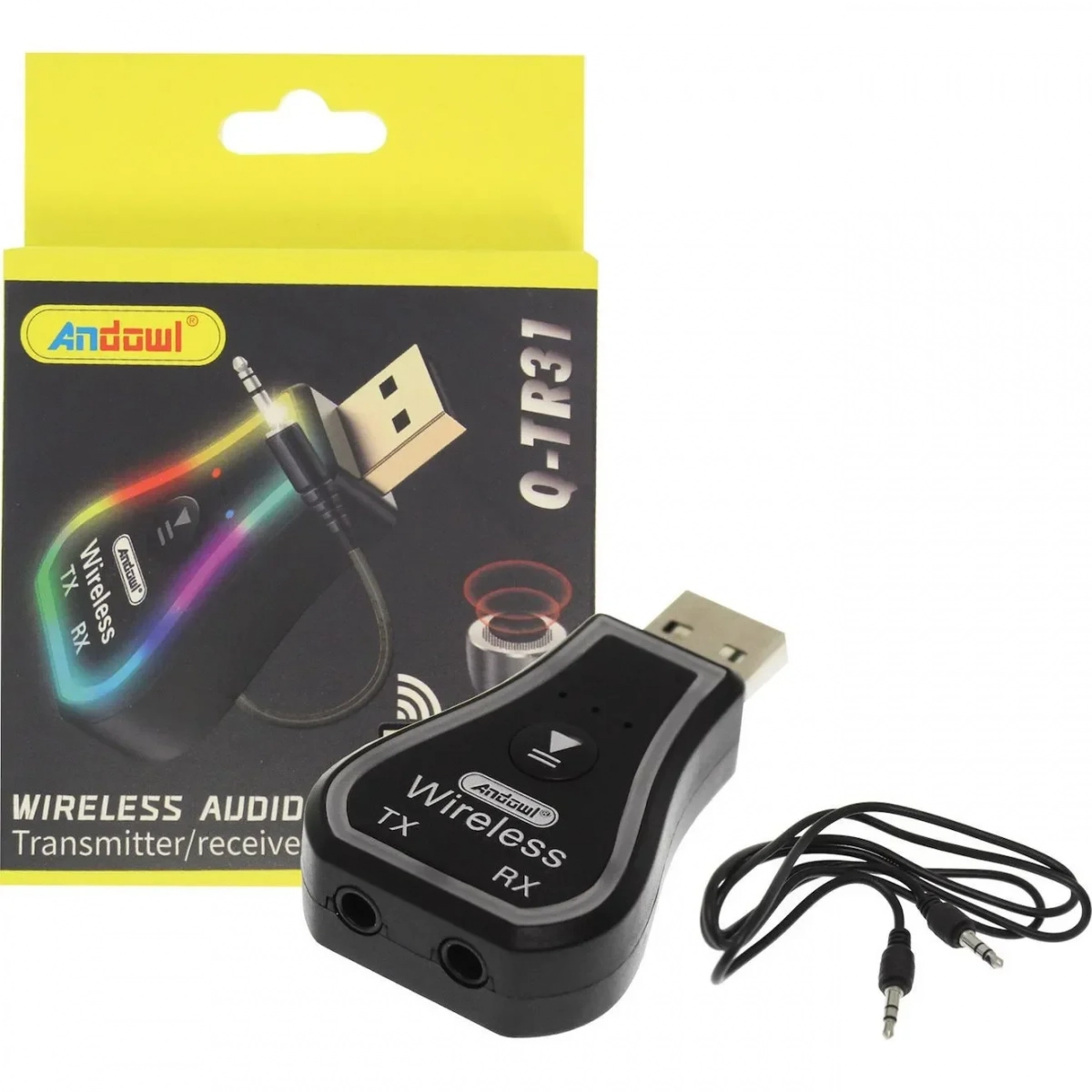 Ασύρματο Bluetooth audio Transmitter και Receiver USB μαύρο με RGB LED φωτισμό Q-TR31 Andowl